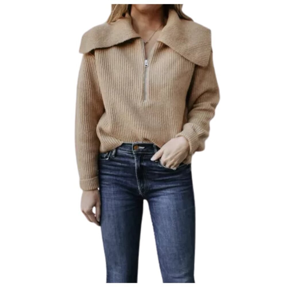 Open Edit Rib Half Zip Sweater Long Sleeve In Tan - Picture 2 of 5